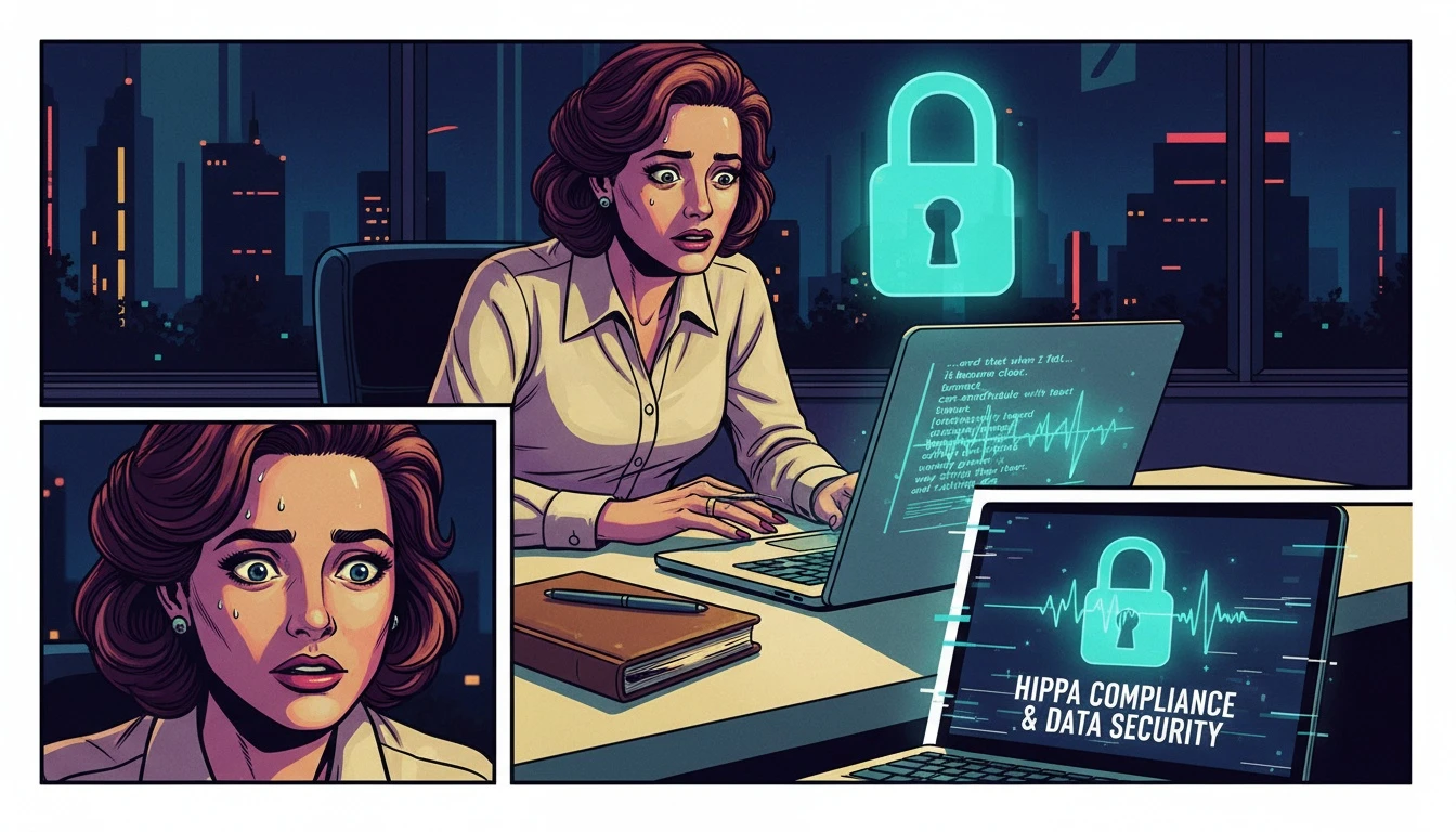 A therapist's desk showing a laptop with an AI transcribing notes, representing the complex process of creating hipaa compliant ai therapy notes with a focus on data security, symbolized by a padlock icon. Filename: hipaa-compliant-ai-therapy-notes-bestie-ai.webp