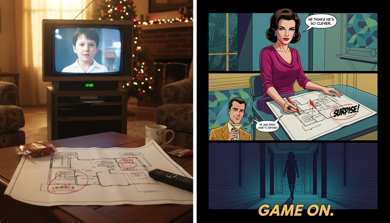 A cozy living room scene showing a blueprint of the McCallister house, illustrating some of the incredible Home Alone behind the scenes facts. home-alone-behind-the-scenes-facts-bestie-ai.webp