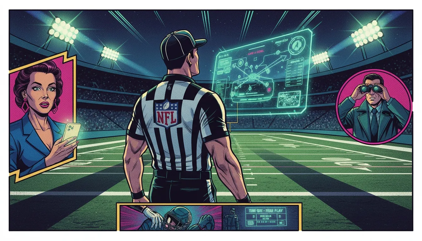 A futuristic depiction of NFL officiating showing a referee analyzing a play on a holographic screen, illustrating the complex process of how are NFL penalties reviewed. filename: how-are-nfl-penalties-reviewed-bestie-ai.webp