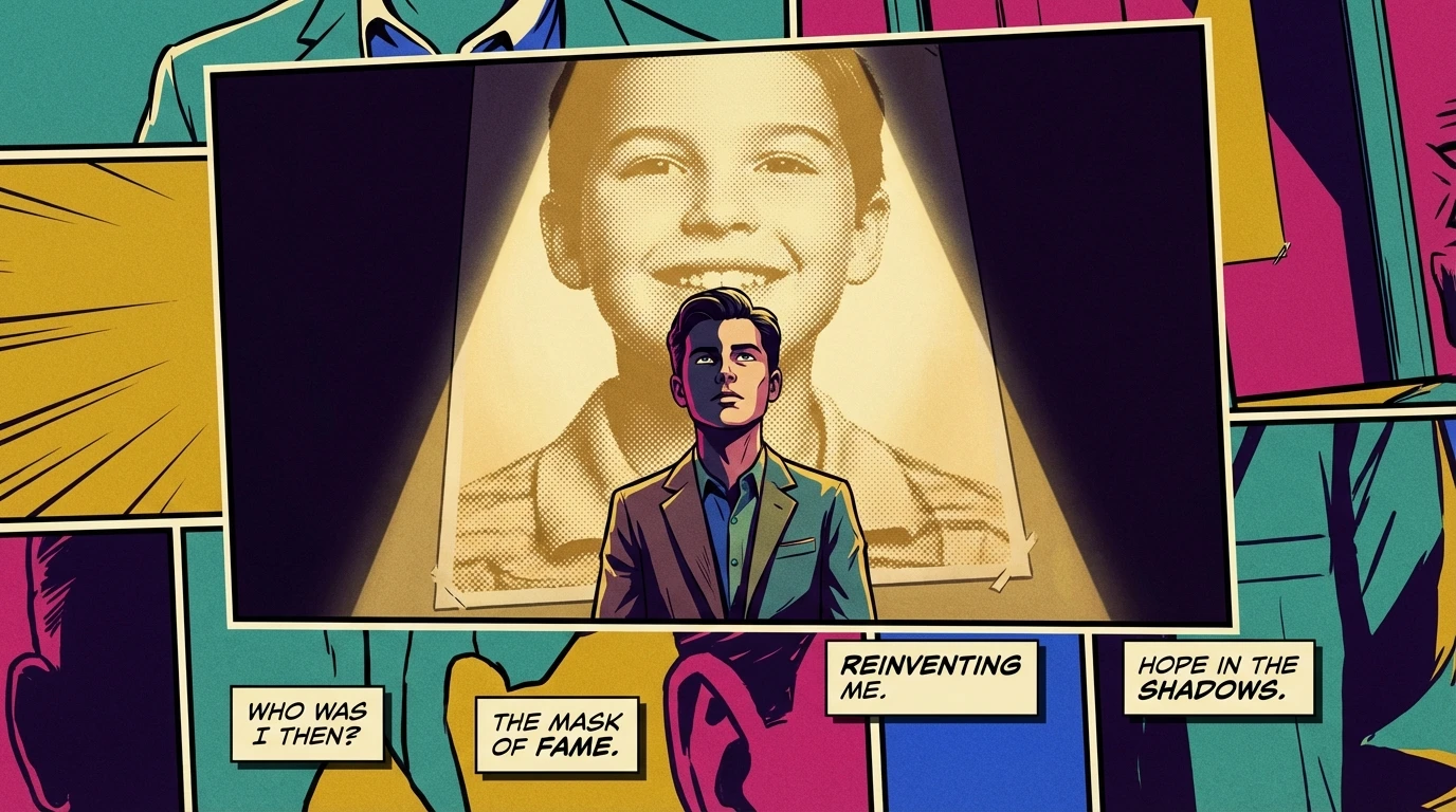 A symbolic image representing how child actors transition to adult roles, showing a young actor on a stage confronting a poster of their younger self, illustrating the process of reinventing their brand. File: how-child-actors-transition-to-adult-roles-bestie-ai.webp