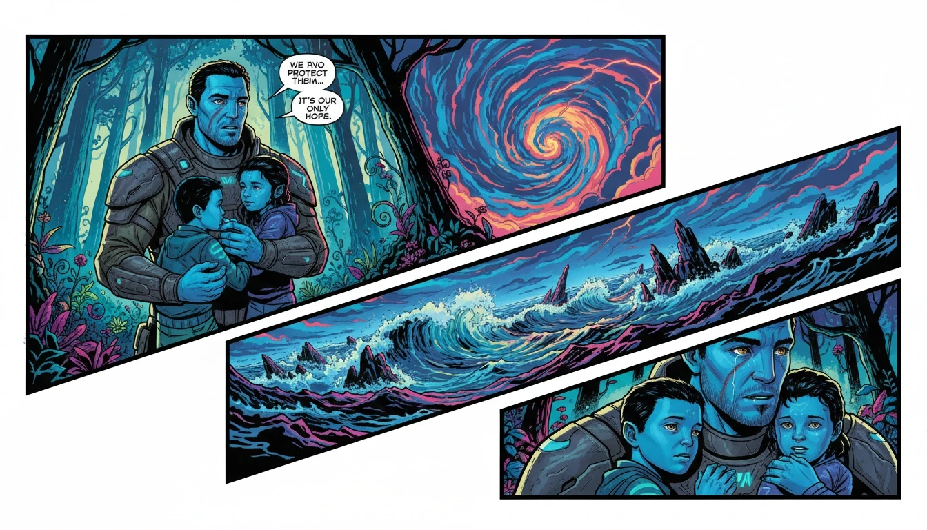 An illustration inspired by Sam Worthington as Jake Sully, showing a father protecting his children in the world of Pandora, symbolizing how fatherhood influenced his acting in the sequel. Filename: how-fatherhood-influenced-sam-worthington-acting-bestie-ai.webp