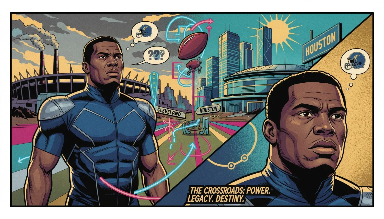 A symbolic image illustrating how offensive schemes affect running back performance, showing a player like Nick Chubb at a crossroads between two different team environments, the Browns and the Texans. Filename: how-offensive-schemes-affect-running-back-performance-bestie-ai.webp