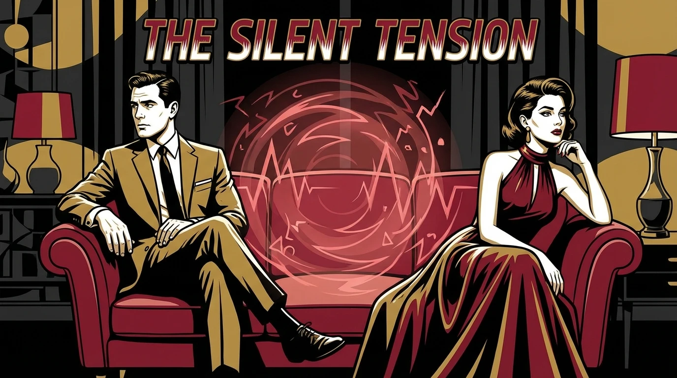 A couple sits apart on a couch, representing how premenstrual syndrome can create emotional distance and affect relationships, with a shimmering energy between them. File: how-pms-affects-relationships-bestie-ai.webp