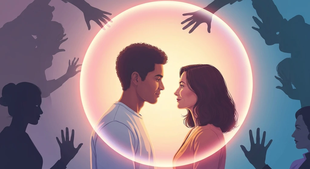 An illustration showing how social pressure affects relationships, depicted by a couple safe inside a protective bubble while shadowy figures press on the outside. Filename: how-social-pressure-affects-relationships-bestie-ai.webp