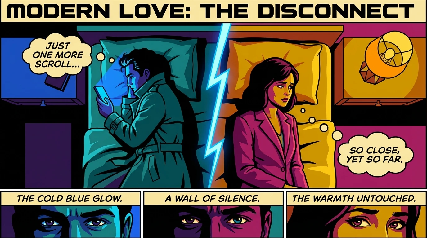 A powerful image illustrating how technology affects intimacy, showing a couple in bed separated by the cold glow of a smartphone, representing the need for digital boundaries. Filename: how-technology-affects-intimacy-bestie-ai.webp