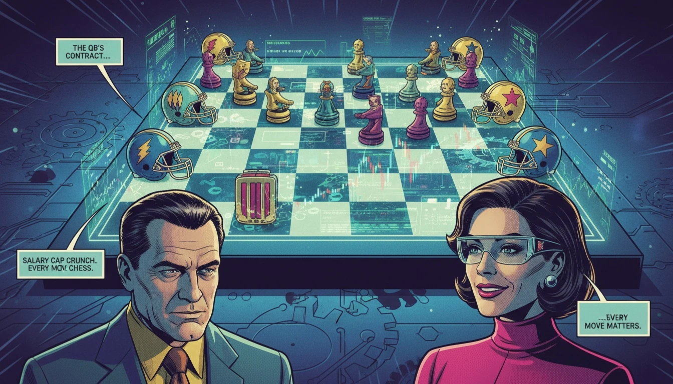 A glowing chessboard with NFL helmets as pieces, illustrating how the nfl salary cap works for strategic team building. Filename: how-the-nfl-salary-cap-works-bestie-ai.webp