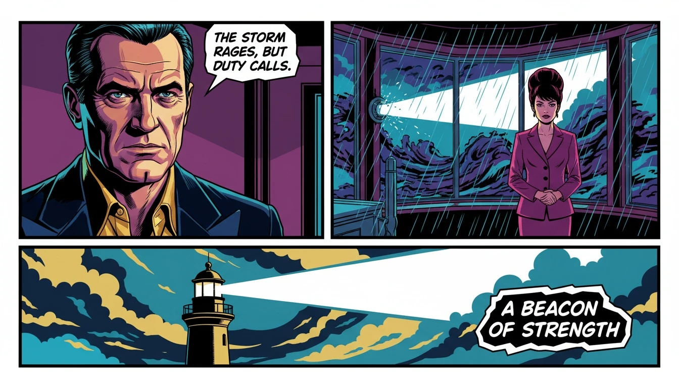 A lighthouse keeper's view of a storm, symbolizing how to be a good leader during tough times by providing a guiding light. filename: how-to-be-a-good-leader-during-tough-times-bestie-ai.webp