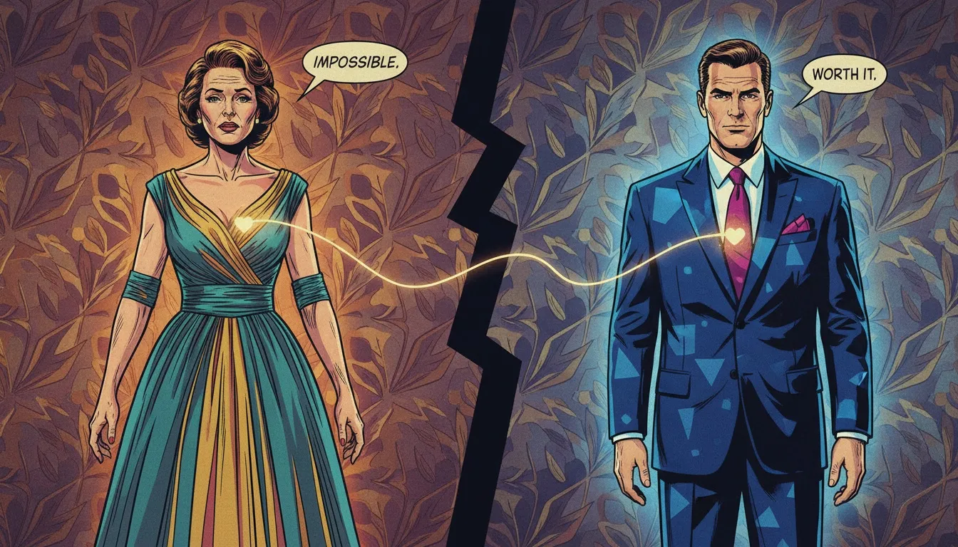 Two distinct figures connected by a single thread, illustrating the difficult process of learning how to bridge political divides through empathy. filename: how-to-bridge-political-divides-bestie-ai.webp