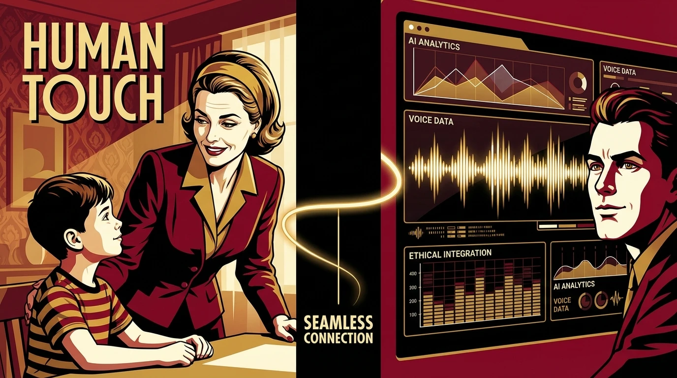A conceptual image showing the ethical integration of ai speech therapy, with a compassionate clinician on one side and a clean data interface on the other, connected by a glowing line. Filename: how-to-build-an-ai-speech-therapy-app-bestie-ai.webp