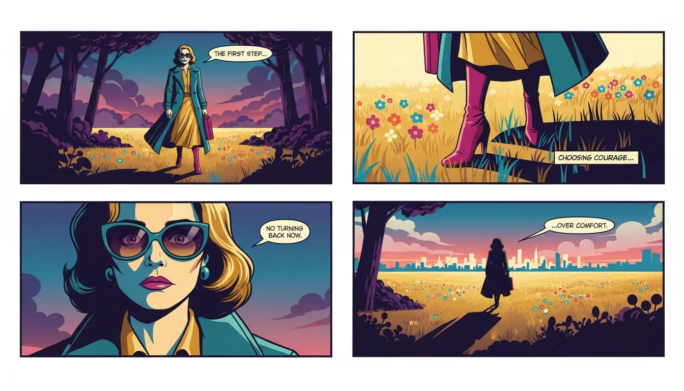 A person takes a brave step out of a dark forest into a bright field, illustrating the process of how to build courage and confidence by facing fear. Filename: how-to-build-courage-and-confidence-bestie-ai.webp