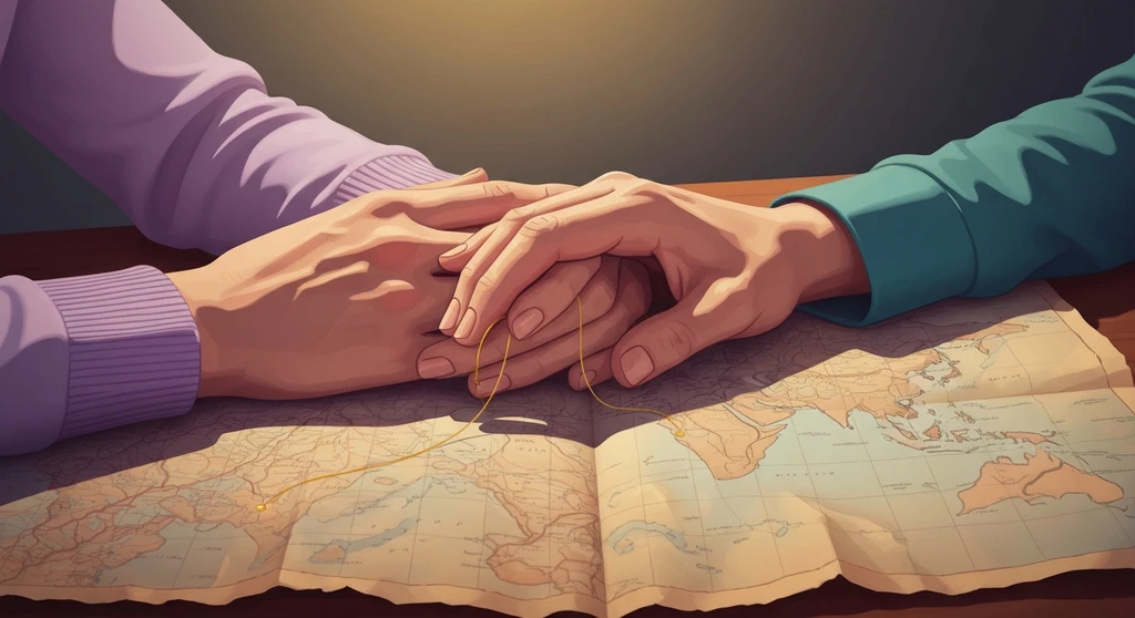 A couple's hands intertwined over a map, representing the intimate process of figuring out how to come up with a unique boyfriend nickname based on a shared journey. filename: how-to-come-up-with-a-unique-boyfriend-nickname-bestie-ai.webp