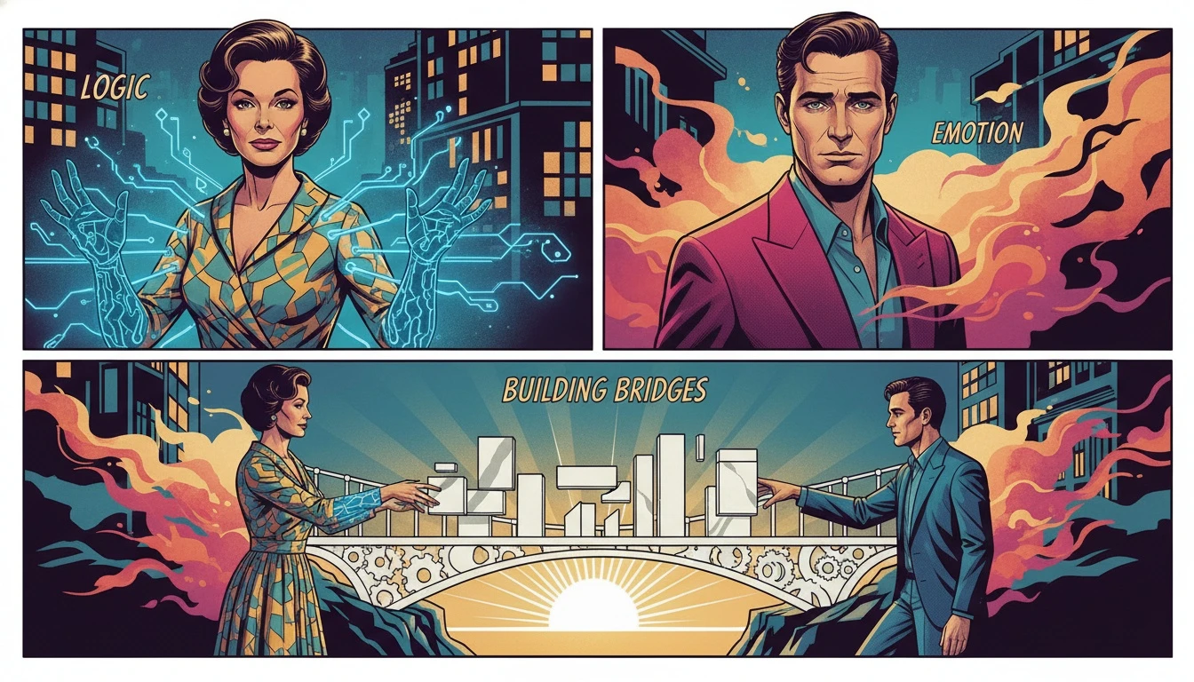 A symbolic image showing how to communicate with an ENTJ, represented by a logical, geometric figure and an emotional, watercolor figure building a bridge together. Filename: how-to-communicate-with-an-entj-bestie-ai.webp