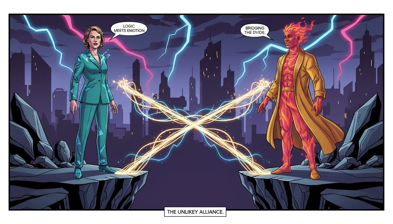 An abstract image illustrating how to communicate with different mbti types, with two figures made of glass and energy being connected by a bridge of light, symbolizing conflict resolution. Filename: how-to-communicate-with-different-mbti-types-bestie-ai.webp