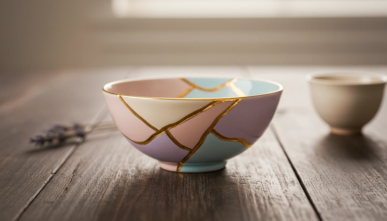A Kintsugi bowl symbolizing how to cope with failure and setbacks by showing that broken pieces can be mended into something more beautiful and strong. File name: how-to-cope-with-failure-and-setbacks-bestie-ai.webp