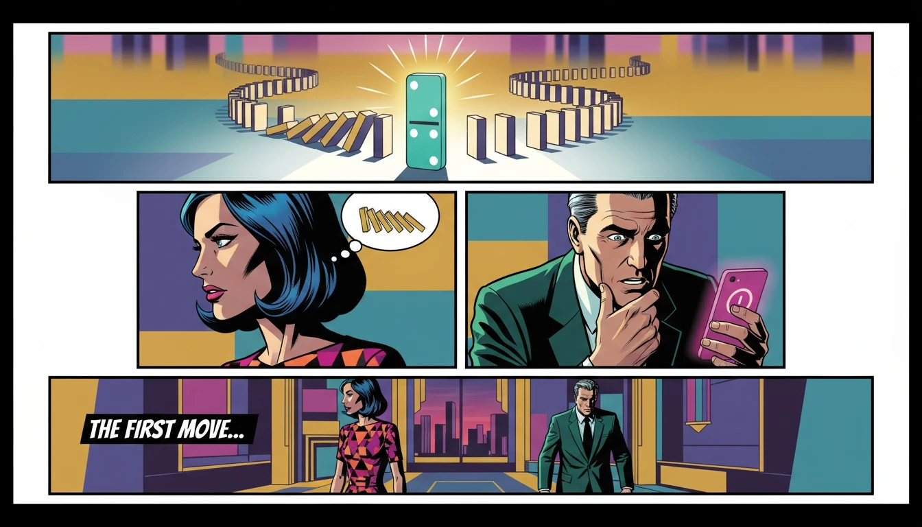 A single glowing domino illustrates how to create a daily routine for beginners by starting with one small keystone habit to trigger positive change. Filename: how-to-create-a-daily-routine-for-beginners-bestie-ai.webp