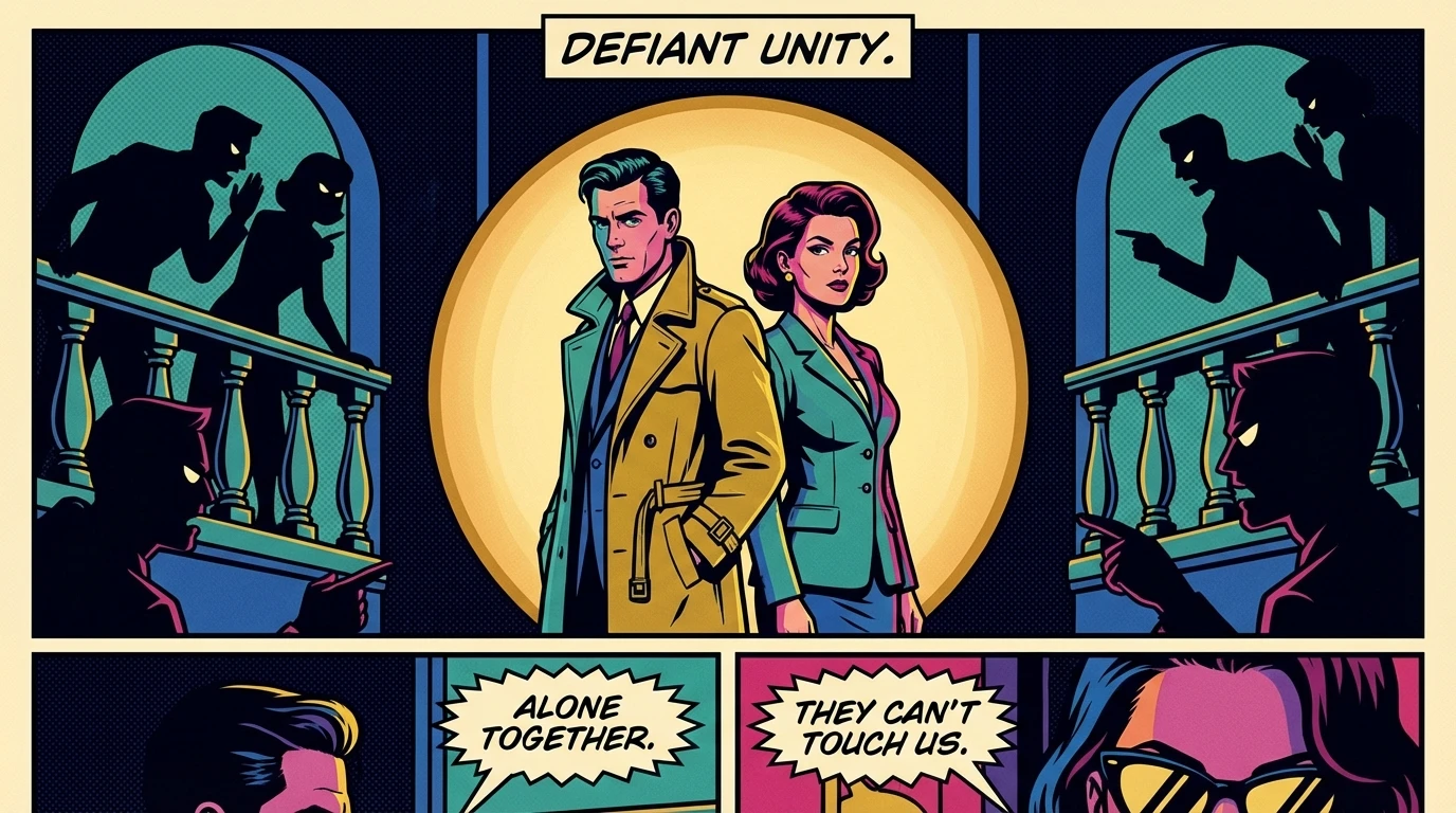 A couple stands united in a spotlight, illustrating how to deal with criticism of your relationship by creating a protective space against outside judgment. Filename: how-to-deal-with-criticism-of-your-relationship-bestie-ai.webp