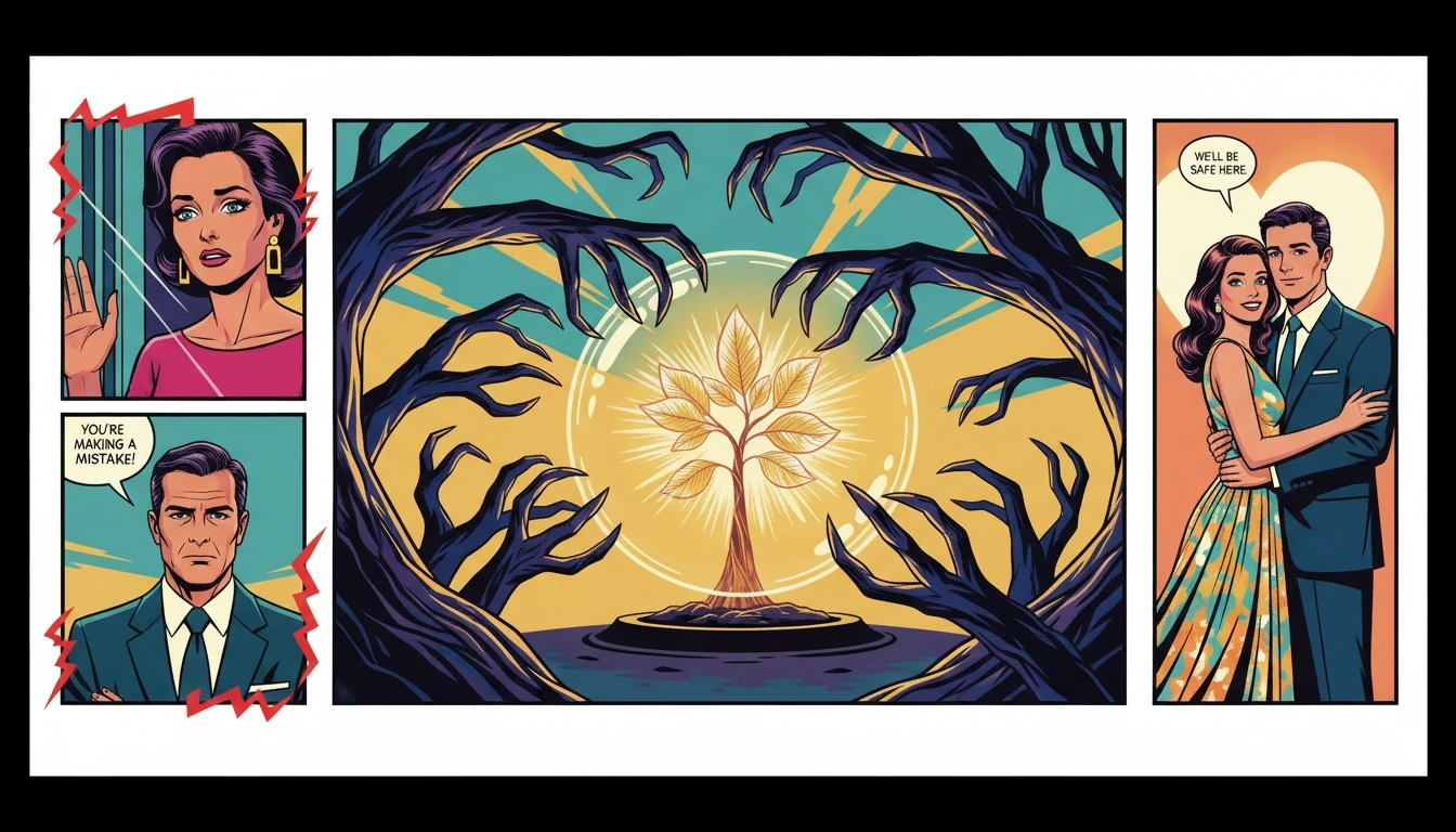 A visual metaphor for how to deal with family disapproval of relationship dynamics, showing a protected new love thriving despite external pressures. Filename: how-to-deal-with-family-disapproval-of-relationship-bestie-ai.webp