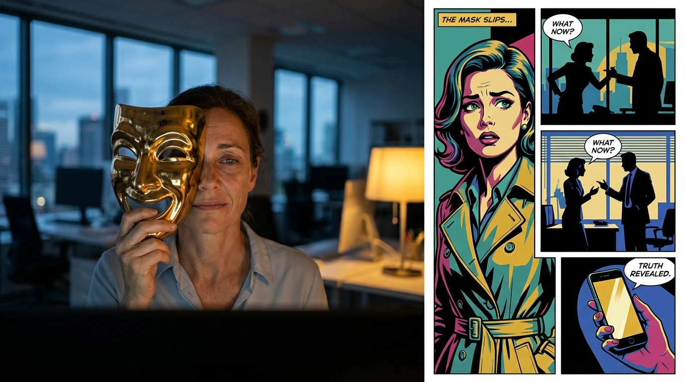 A person lifting a golden mask to reveal their true face, symbolizing the internal struggle of learning how to deal with impostor syndrome. how-to-deal-with-impostor-syndrome-bestie-ai.webp