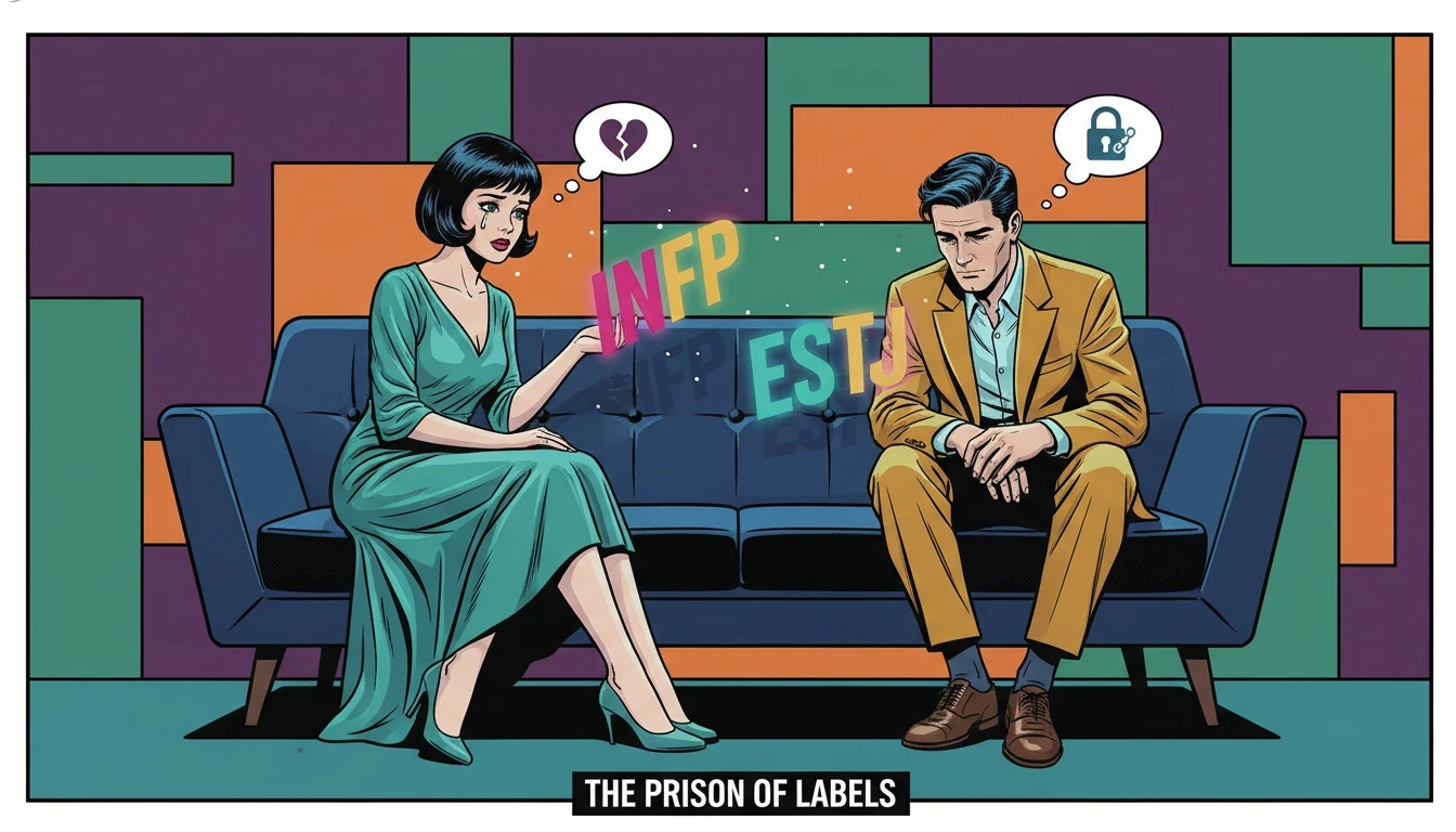 A couple sits apart on a sofa, separated by glowing MBTI letters, illustrating the emotional distance that can arise from learning how to deal with mbti obsession in a relationship. File: how-to-deal-with-mbti-obsession-bestie-ai.webp