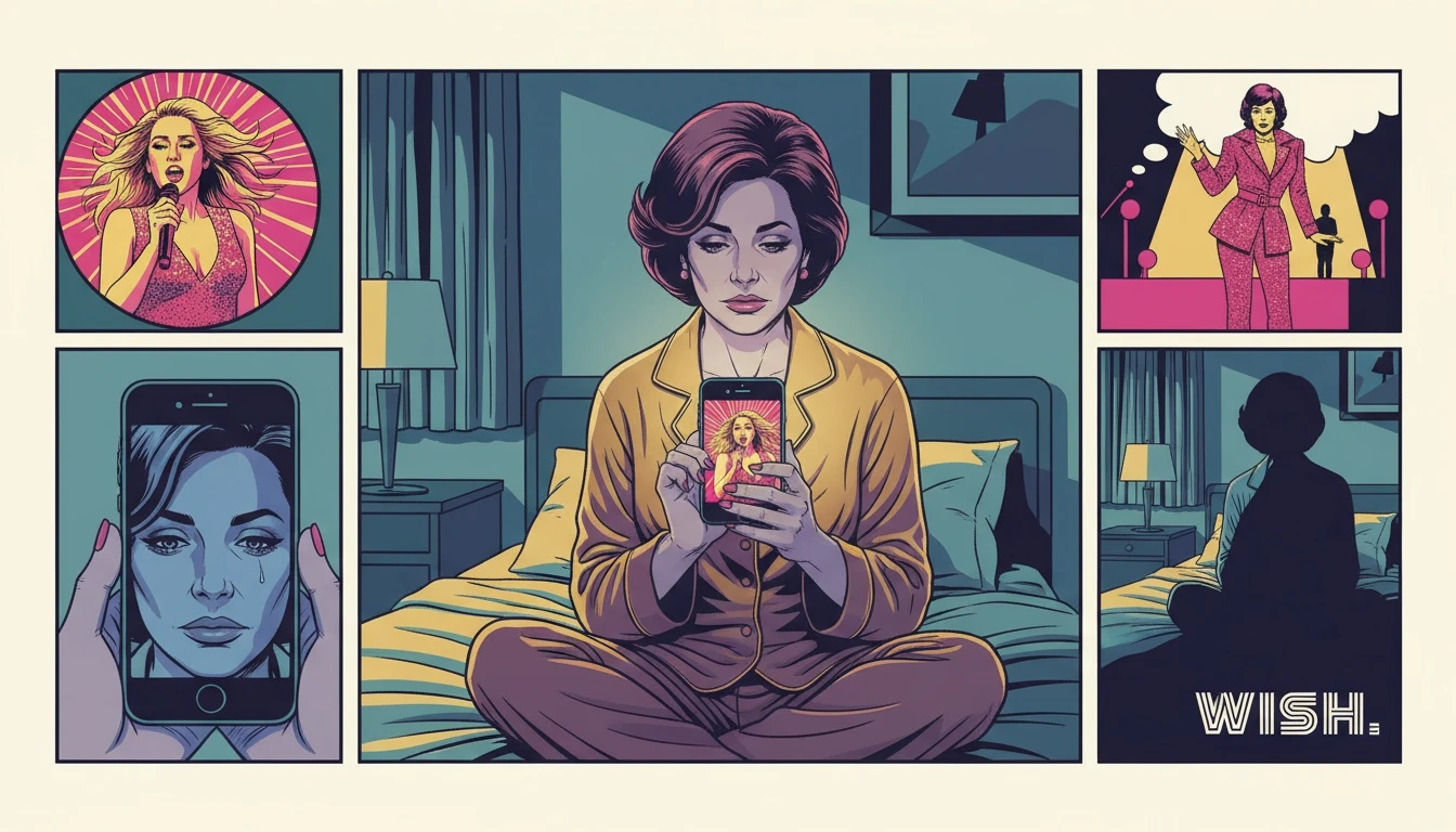 A woman reflecting on her feelings of insecurity while looking at her phone, illustrating the emotional challenge of how to deal with a partner's celebrity crush. how-to-deal-with-partners-celebrity-crush-bestie-ai.webp