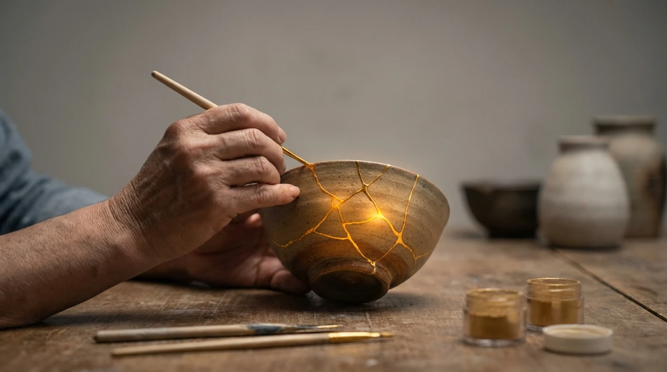 A close-up of hands mending a broken bowl with gold, illustrating how to deal with professional criticism by finding strength in flaws. kintsugi-resilience-bestie-ai.webp