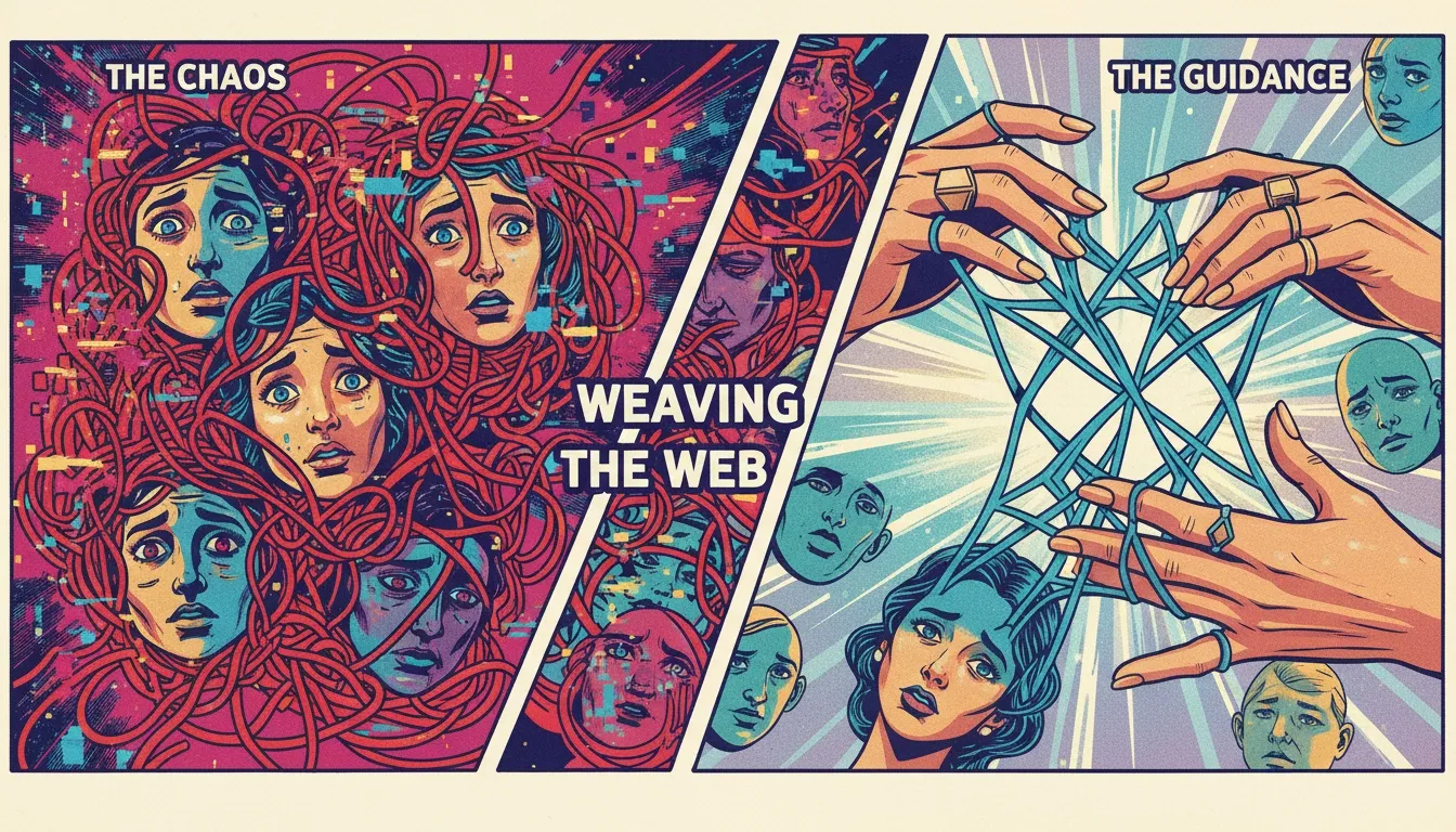 A symbolic image representing how to debate respectfully online, showing chaotic and calm threads being woven together to create harmony. Filename: how-to-debate-respectfully-online-bestie-ai.webp