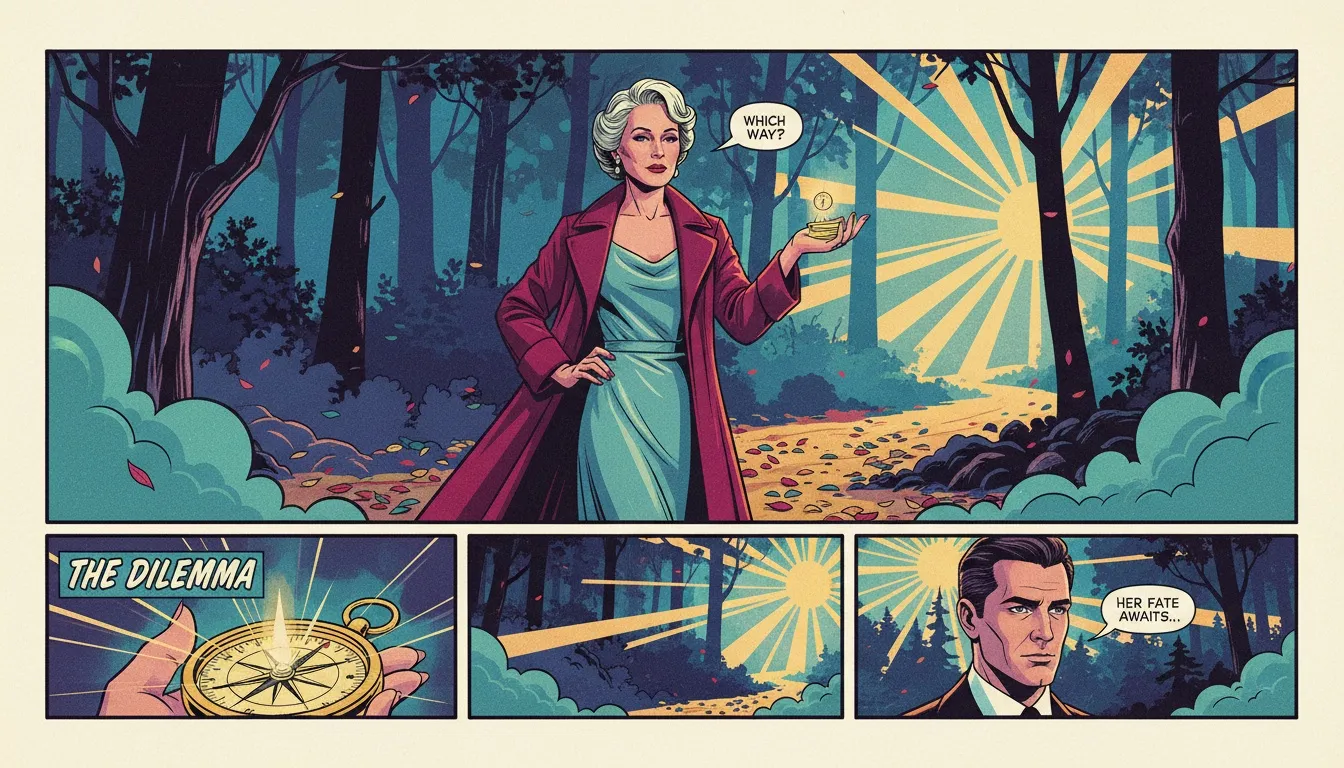 A person at a crossroads in a foggy forest, illustrating the dilemma of how to decide whether to leave a relationship by choosing a path towards light or shadow. Filename: how-to-decide-whether-to-leave-a-relationship-bestie-ai.webp