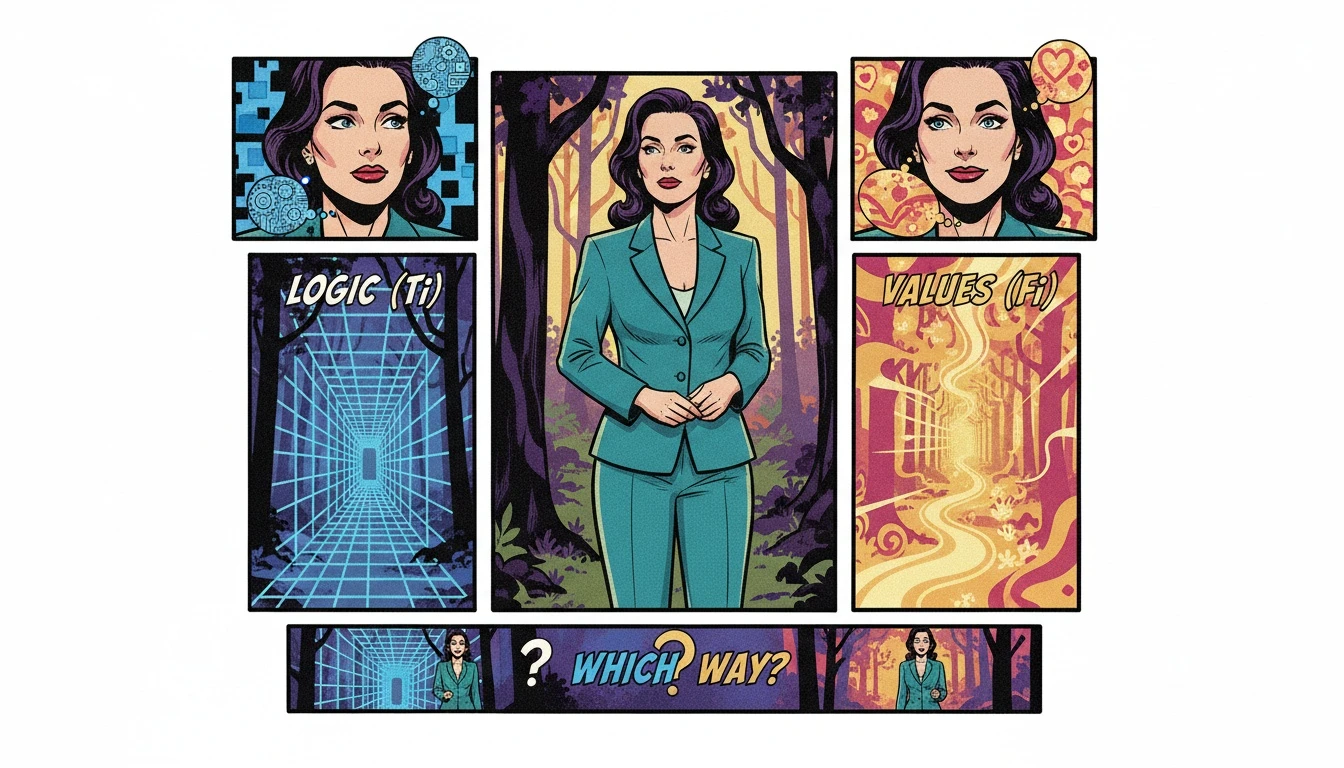 A person at a crossroads, representing the challenge of how to determine mbti type for career, with one path glowing blue for logic and the other gold for values. Filename: how-to-determine-mbti-type-for-career-bestie-ai.webp