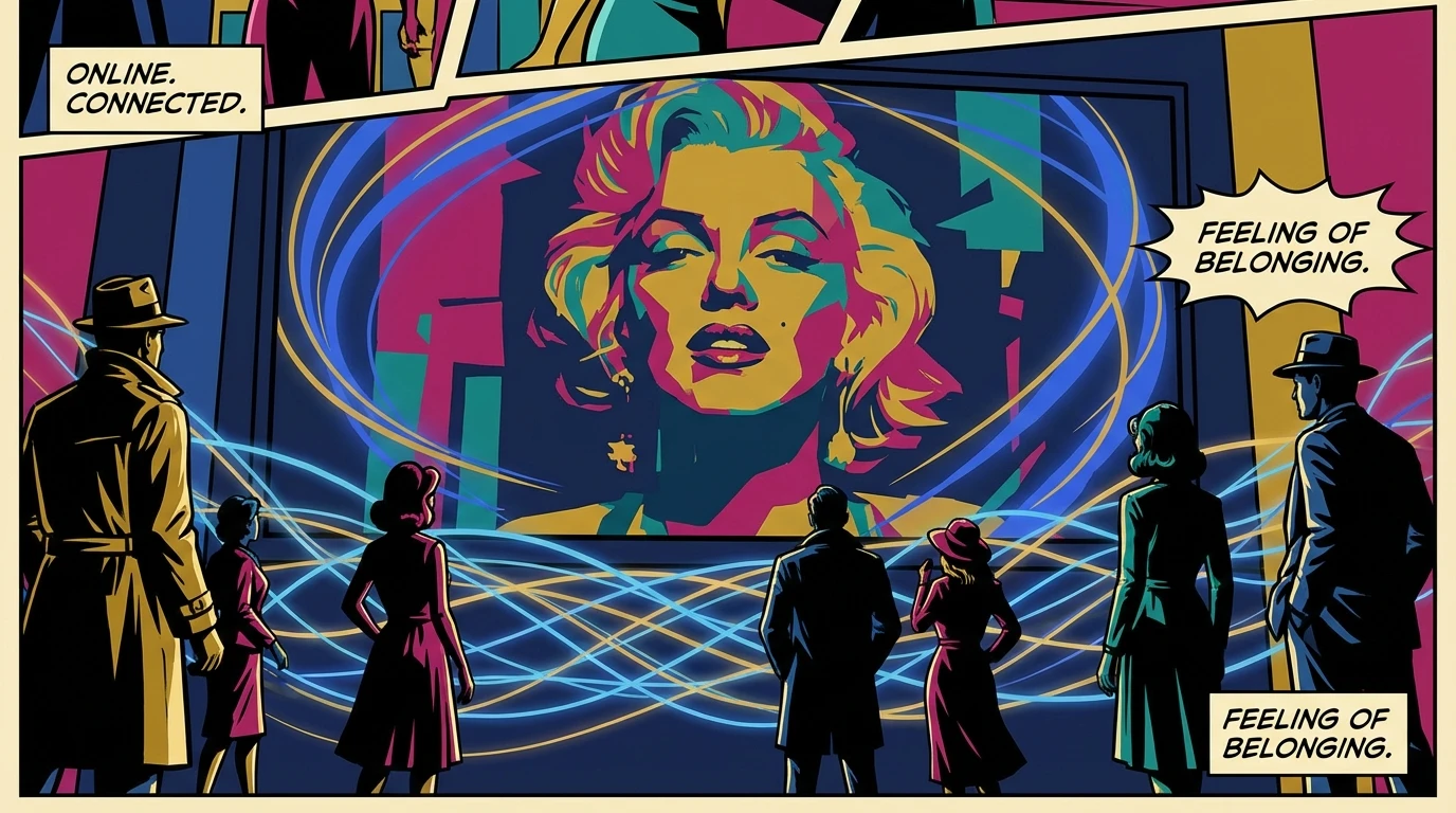 A symbolic image representing how to find a positive fan community online, with glowing lines connecting people who share a common admiration, creating a sense of warmth and belonging. Filename: how-to-find-a-positive-fan-community-bestie-ai.webp