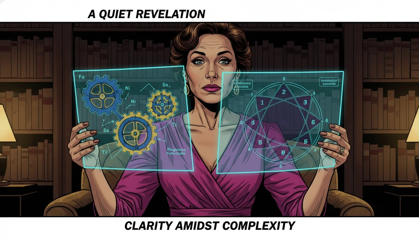 A person engaged in deep self-discovery, comparing their MBTI and enneagram types, represented by two glowing, overlapping maps. Filename: mbti-and-enneagram-self-discovery-bestie-ai.webp