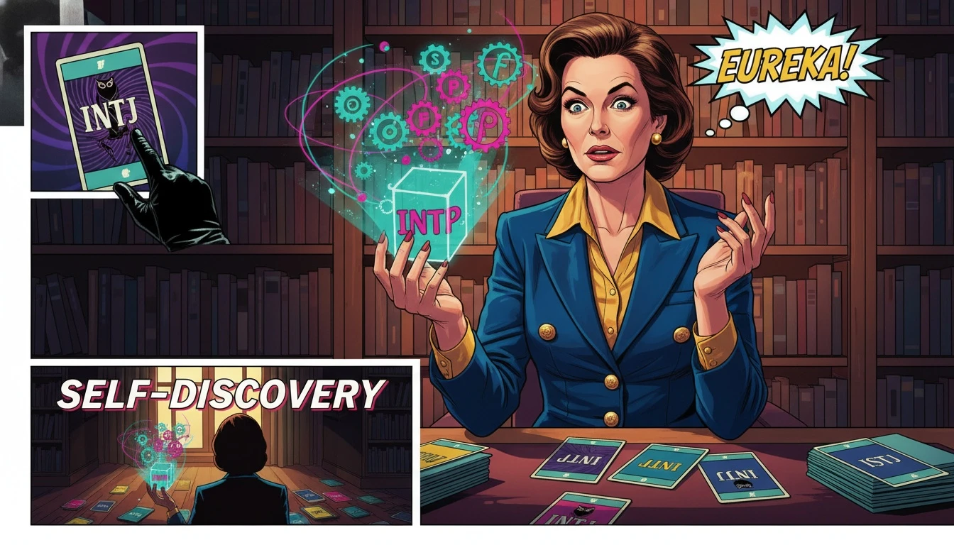 A person having a moment of clarity about how to find your MBTI type, symbolized by glowing gears and cards representing cognitive functions. Filename: how-to-find-your-mbti-bestie-ai.webp