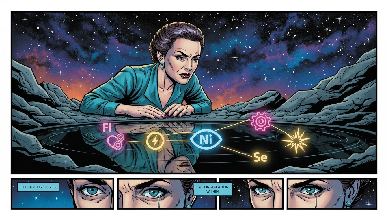 A person understanding how to find your real mbti type by seeing their reflection as a constellation of cognitive functions. Filename: how-to-find-your-real-mbti-type-bestie-ai.webp