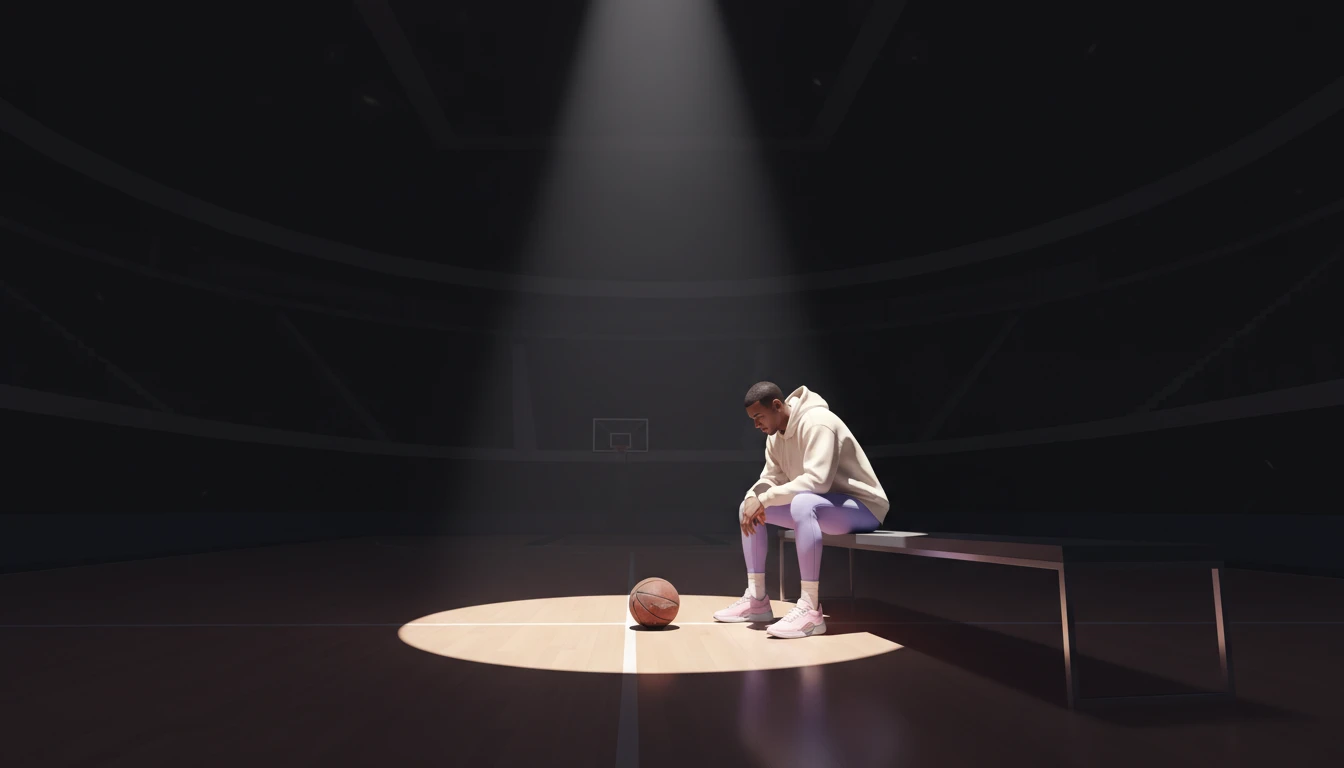 A visual metaphor for how to get out of a performance slump, showing a lone athlete in a dark arena finding hope in a single spotlight. Filename: how-to-get-out-of-a-performance-slump-bestie-ai.webp