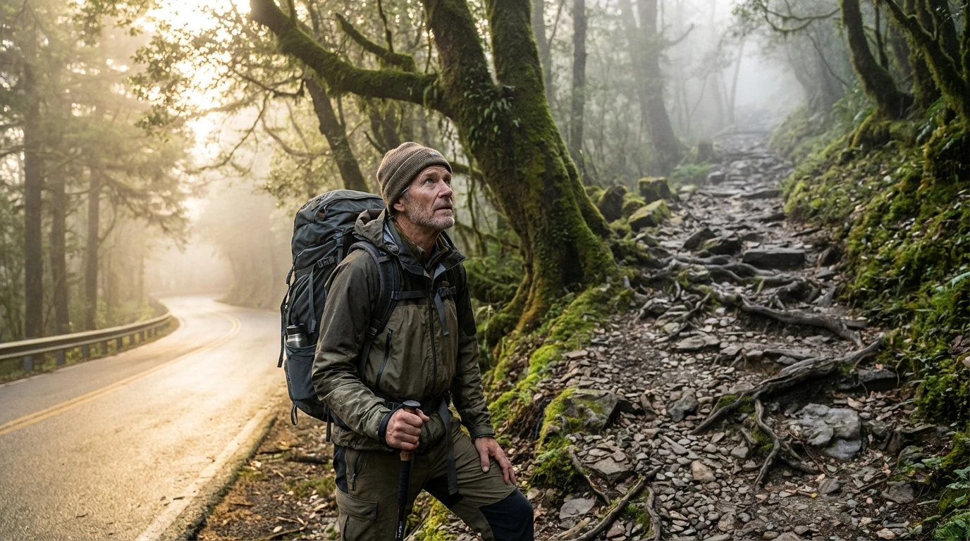 A person at a crossroads choosing the difficult upward path, illustrating the concept of how to get out of your comfort zone for personal growth. Filename: how-to-get-out-of-your-comfort-zone-bestie-ai.webp