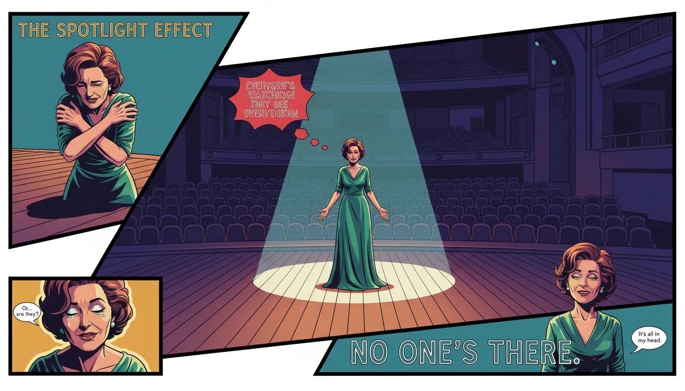 A visual representation of how to get over an embarrassing moment, showing a person alone under a spotlight on an empty stage to illustrate the spotlight effect psychology. Filename: how-to-get-over-an-embarrassing-moment-bestie-ai.webp