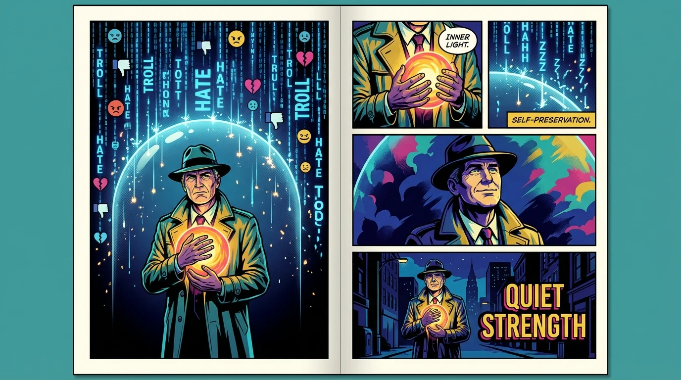 A person finds inner strength, illustrating how to handle constant criticism by protecting their self-worth from a storm of negative digital feedback. filename: how-to-handle-constant-criticism-bestie-ai.webp