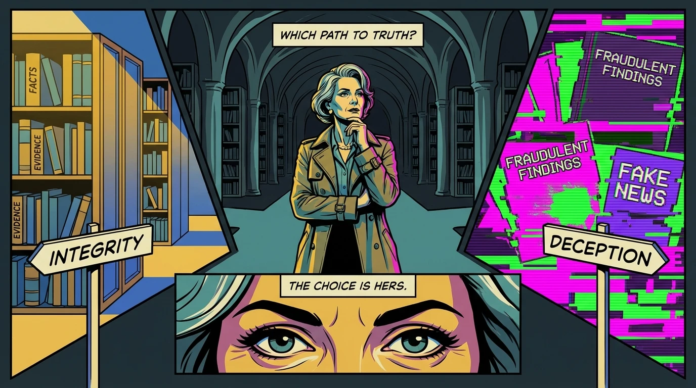 An allegorical image showing a researcher learning how to identify predatory academic journals by choosing between a path of legitimate knowledge and a path of digital deception. Filename: how-to-identify-predatory-academic-journals-bestie-ai.webp