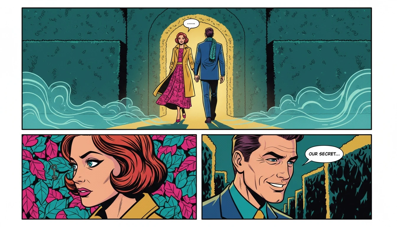 A couple entering a beautiful garden maze, illustrating the concept of how to keep your relationship private by building protective, beautiful boundaries together. how-to-keep-your-relationship-private-bestie-ai.webp