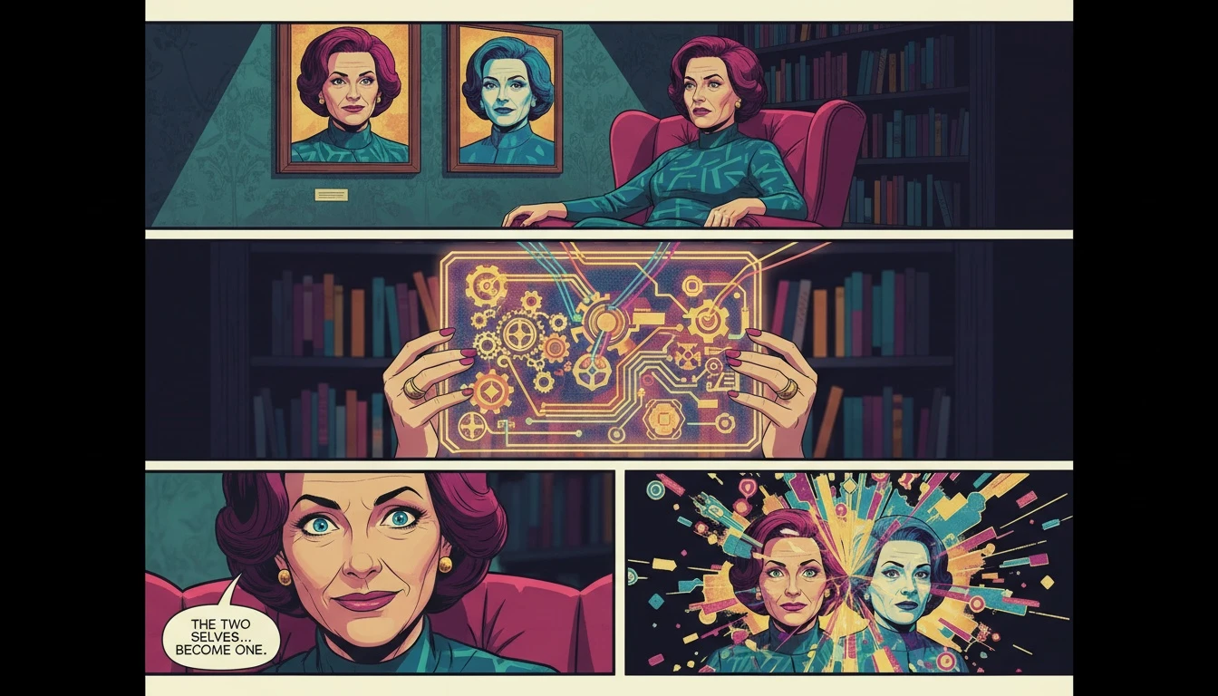 A person discovering how to know your true MBTI type by studying a glowing chart of cognitive functions that explains the differences between two personality portraits. The image for how-to-know-your-true-mbti-type-bestie-ai.webp.