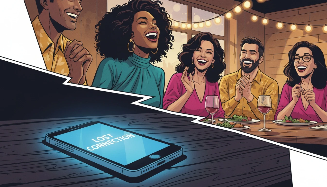 A phone rests on a table, symbolizing a guide on how to make friends without apps, while in the background, real people connect in a warm, social setting. Filename: how-to-make-friends-without-apps-bestie-ai.webp