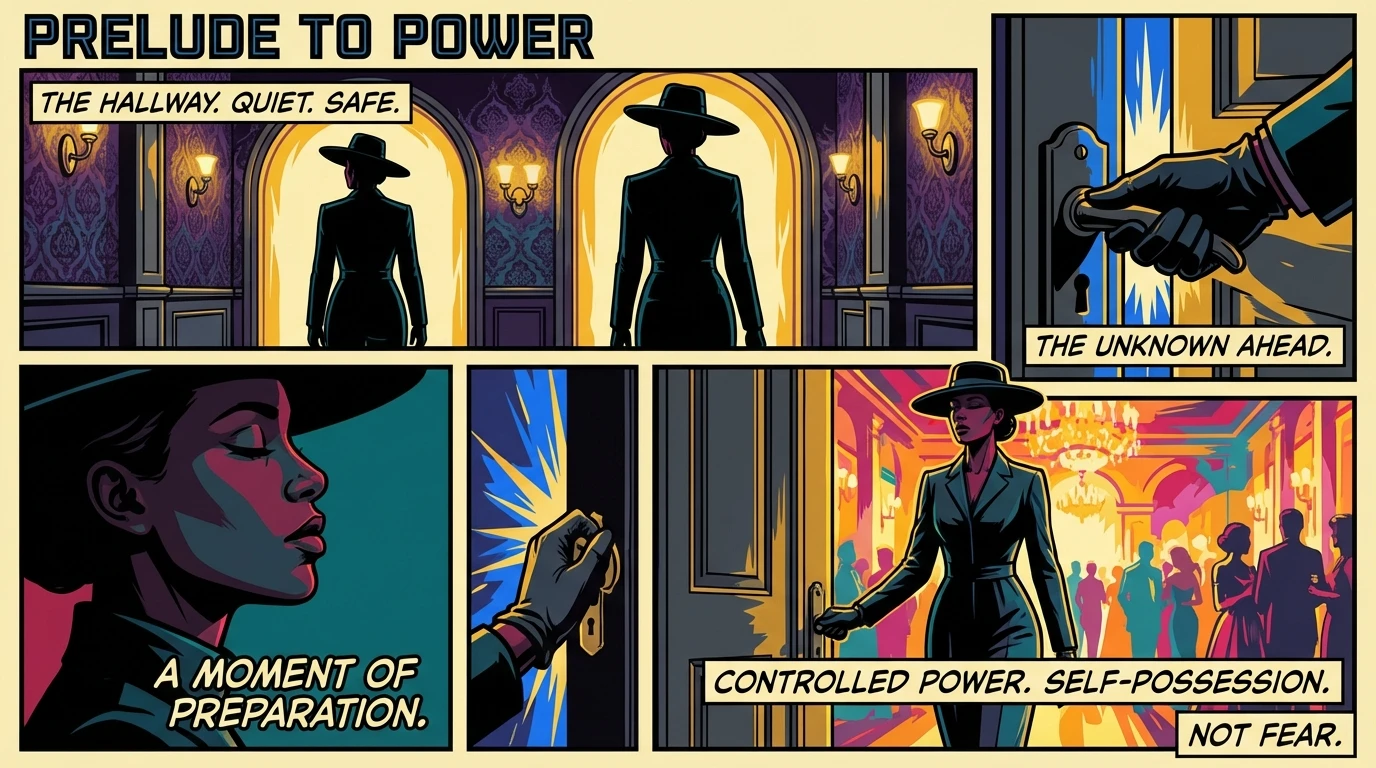 A person pauses to reflect on how to manage social anxiety at events before confidently entering a brightly lit ballroom, symbolizing inner strength. how-to-manage-social-anxiety-at-events-bestie-ai.webp