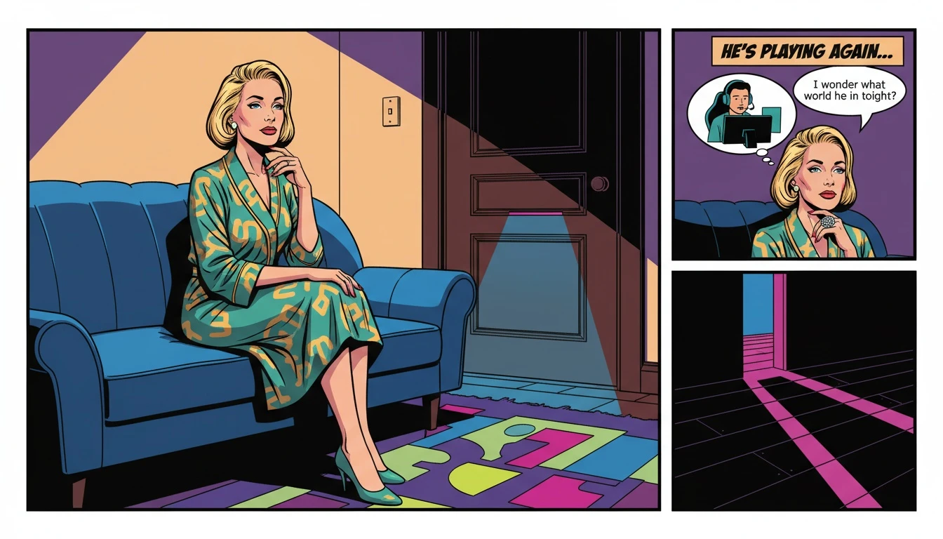 A woman reflecting on how to set boundaries with a gamer boyfriend, illustrated by the contrast between her warm, quiet space and the cold glow of a video game from another room. Filename: how-to-set-boundaries-with-a-gamer-boyfriend-bestie-ai.webp