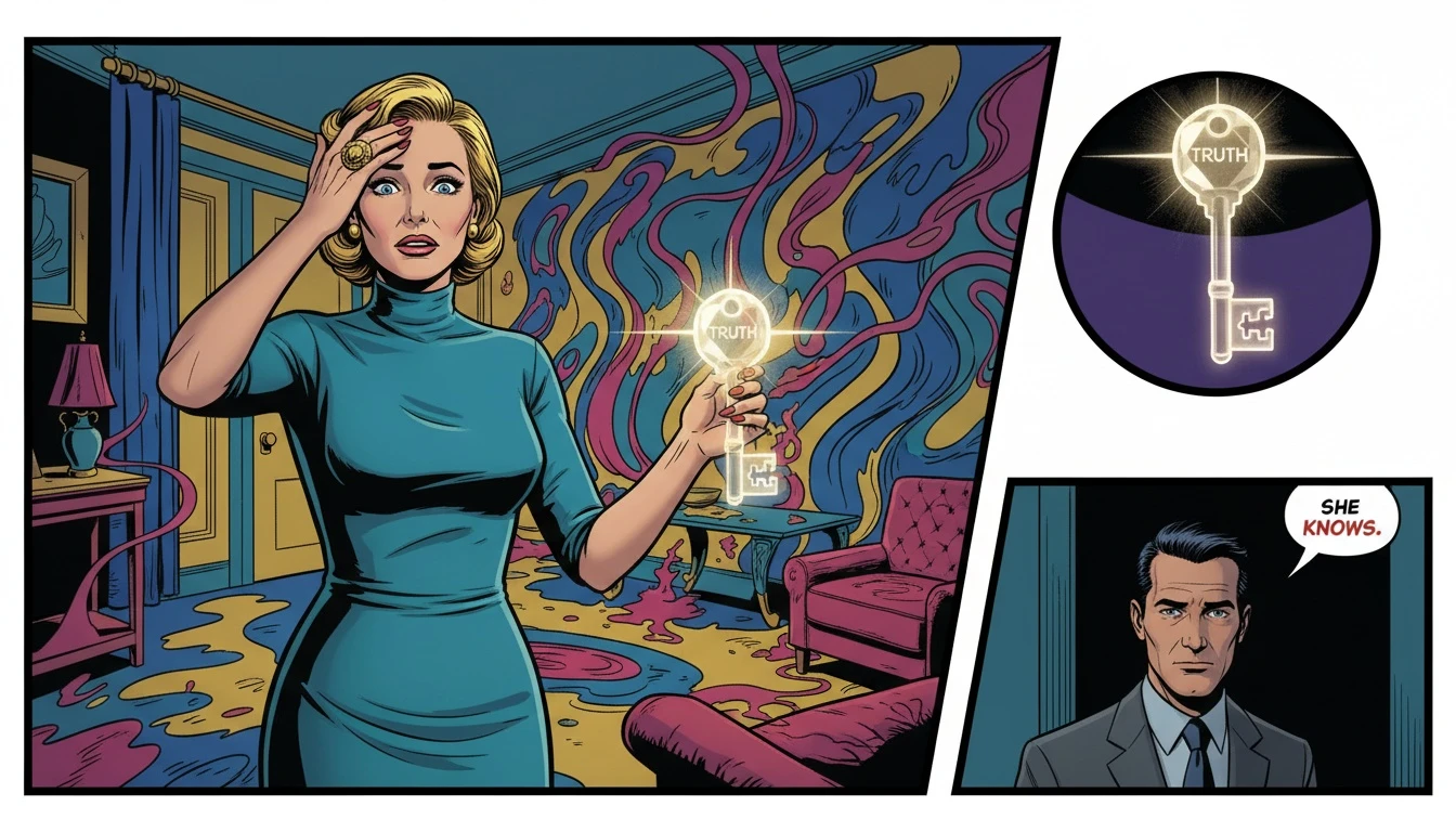 A symbolic image illustrating how to spot gaslighting in a relationship, showing a woman finding clarity (a key) amidst a confusing, distorted reality. Filename: how-to-spot-gaslighting-in-a-relationship-bestie-ai.webp