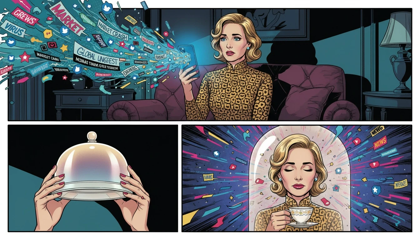 A symbolic image representing how to stop doomscrolling, showing a person creating a protective barrier against an overwhelming storm of digital news from their phone. filename: how-to-stop-doomscrolling-bestie-ai.webp