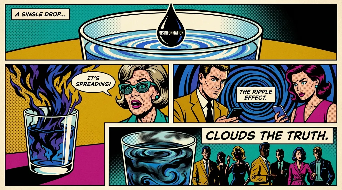 A visual metaphor for how to stop spreading misinformation, showing a single drop of ink clouding clear water, representing the impact of one false share. File: how-to-stop-spreading-misinformation-bestie-ai.webp