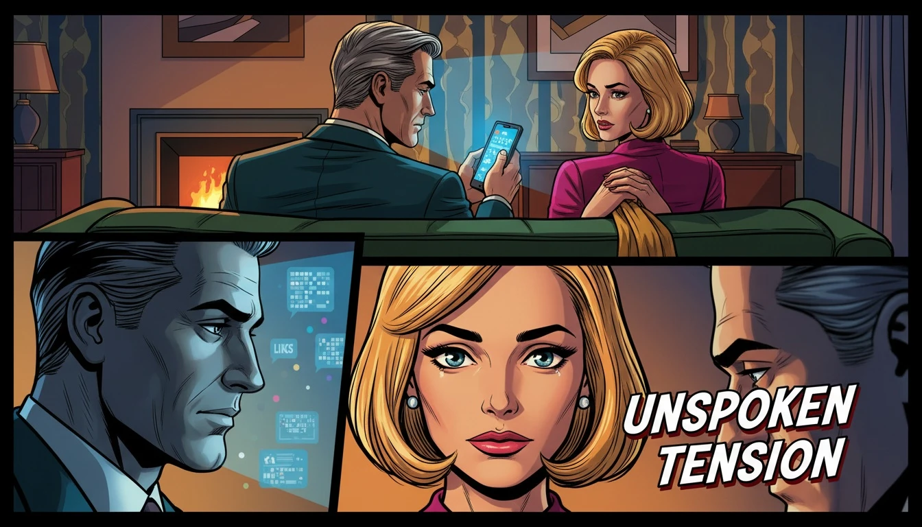 A woman looking thoughtfully at her partner who is distracted by his phone, illustrating the emotional challenge of learning how to talk about jealousy in a relationship. File name: how-to-talk-about-jealousy-in-a-relationship-bestie-ai.webp