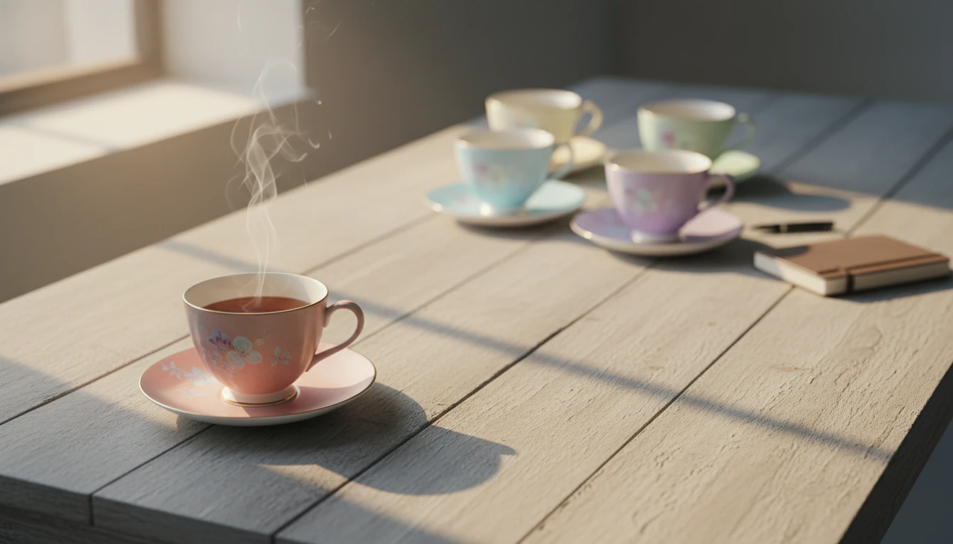 A calm, overhead view of several teacups on a table, symbolizing the moment before you learn how to tell family about cancer diagnosis. Filename: how-to-tell-family-about-cancer-diagnosis-bestie-ai.webp
