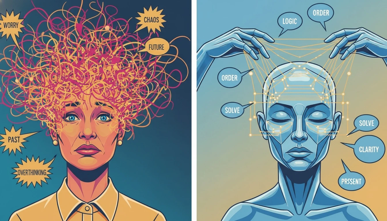 A symbolic representation of how AI apps for cbt can help organize tangled thoughts into clear, structured patterns, illustrating mental wellness. Filename: ai-apps-for-cbt-bestie-ai.webp