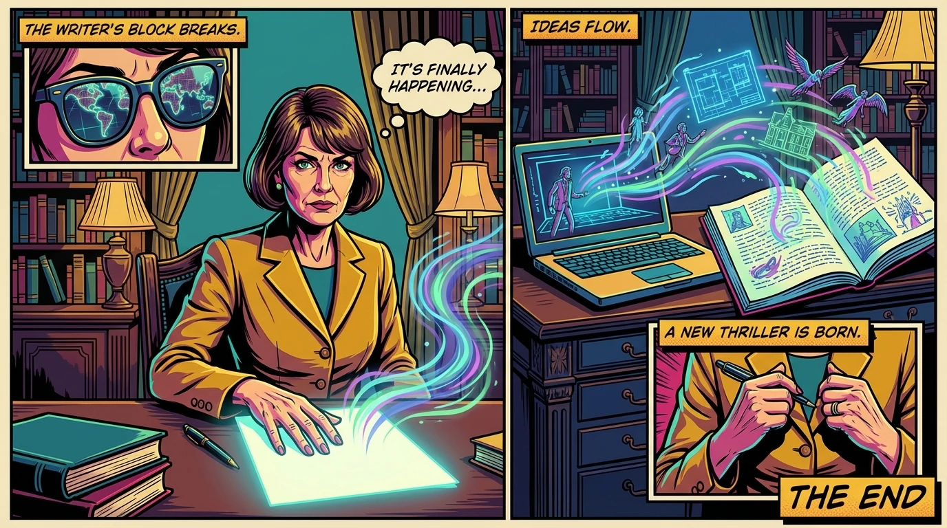 A magical scene illustrating how an ai for creative writing journal can help overcome writer's block by feeding ideas onto a blank page. File: ai-for-creative-writing-journal-bestie-ai.webp