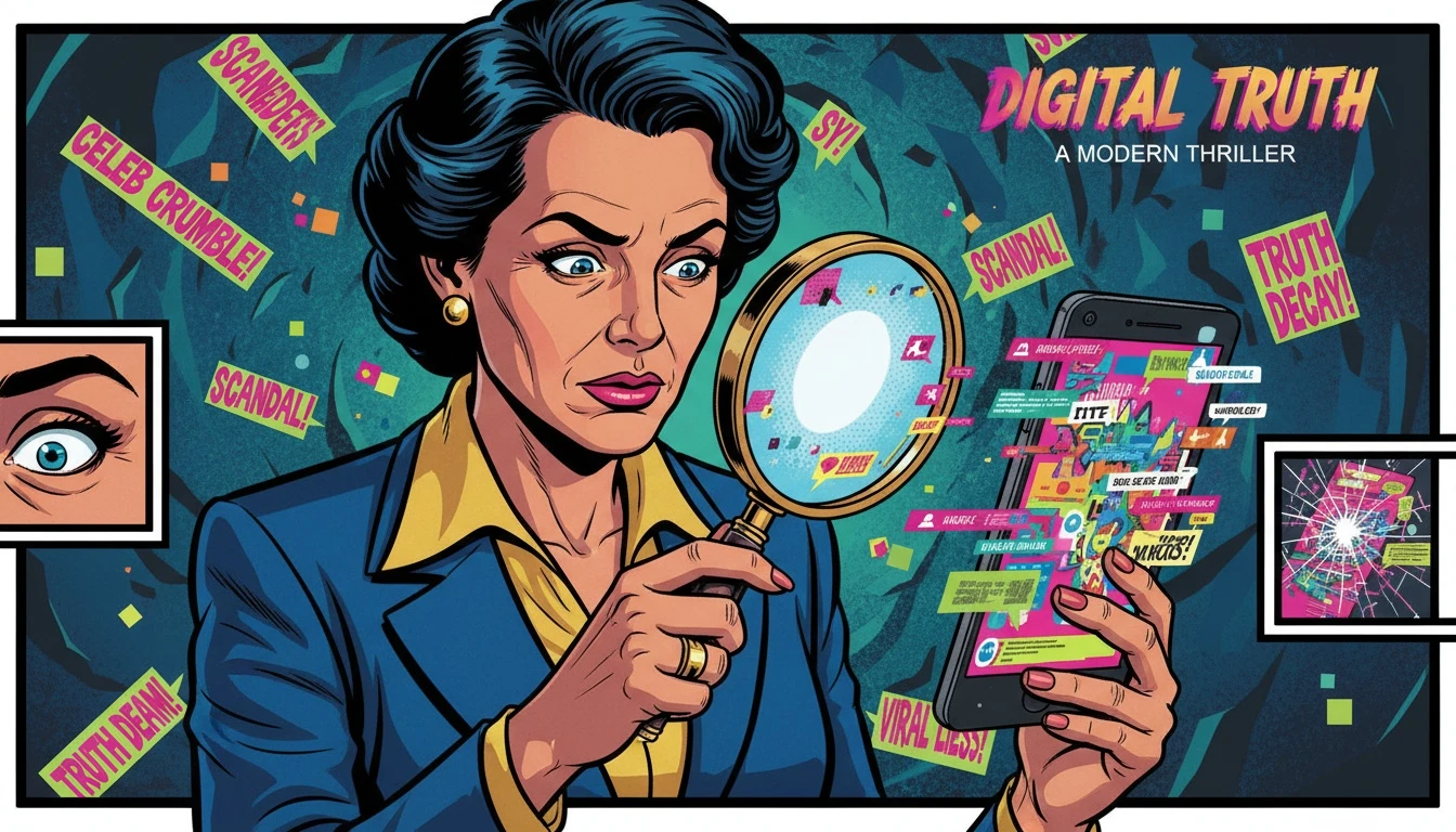 A person uses a magnifying glass to learn how to verify celebrity news on their phone, representing the search for truth amidst online misinformation. how-to-verify-celebrity-news-bestie-ai.webp